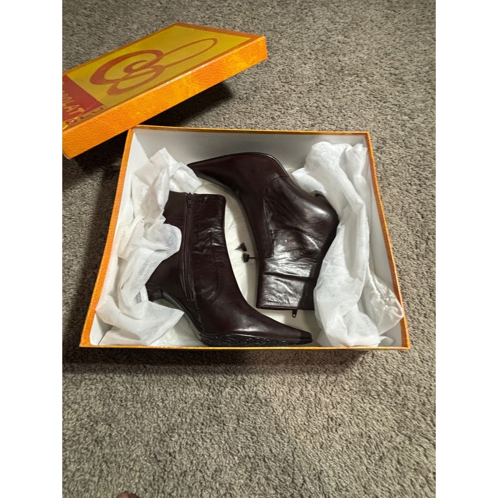 Chocolat Blu KZ-72-058 Dark Brown Leather Pointed Toe Kitten Heel Boots Size 37 - Picture 4 of 8